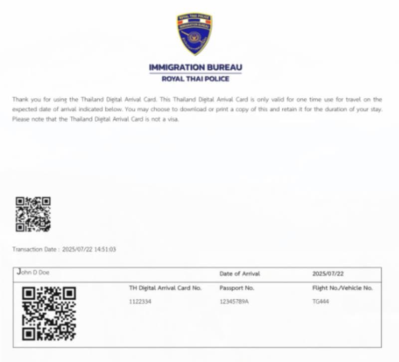 Thailand Arrival Card Sample